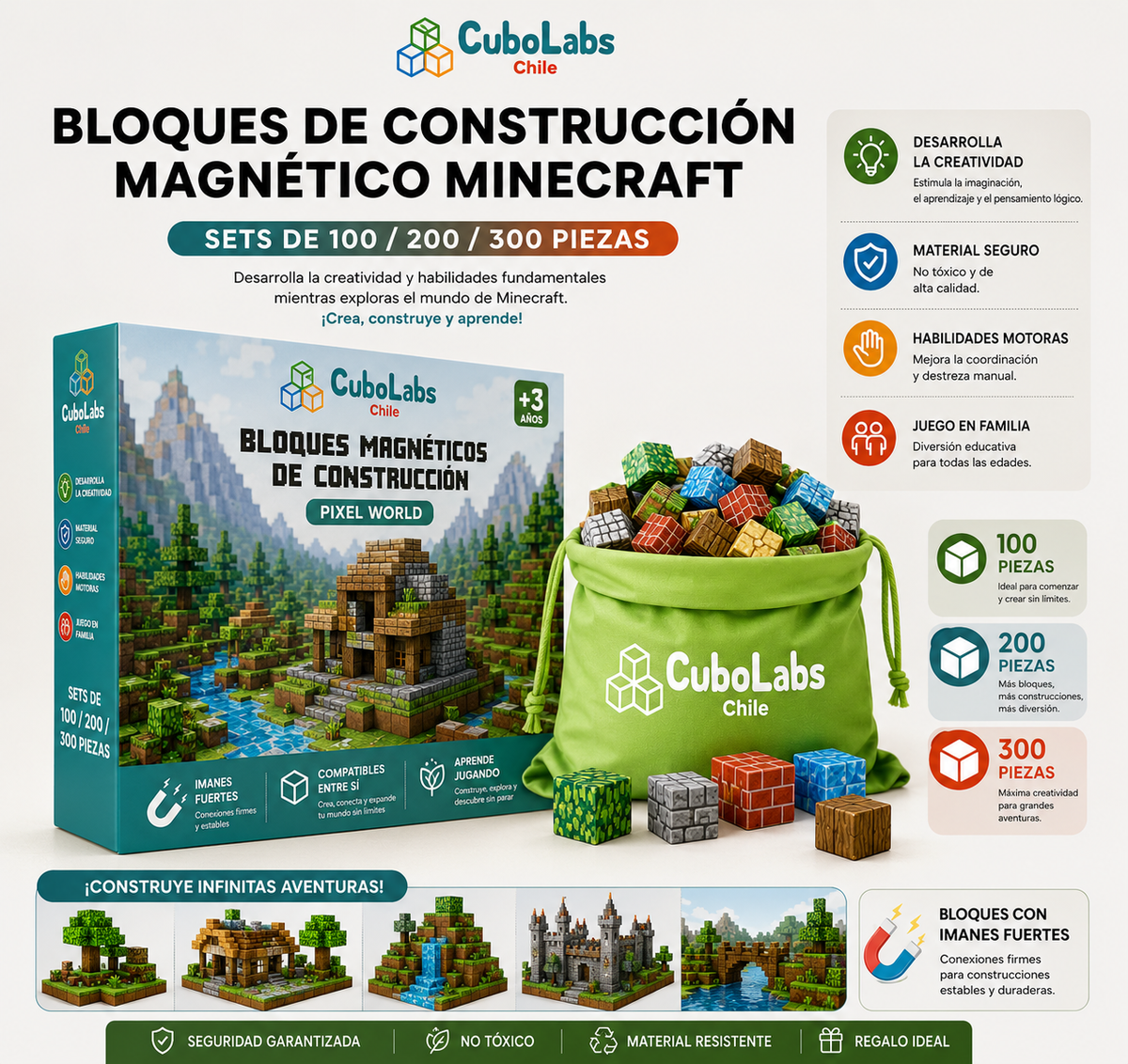 Bloques de Construcción Magnéticos Pixel World™ - 100 / 200 / 300 piezas