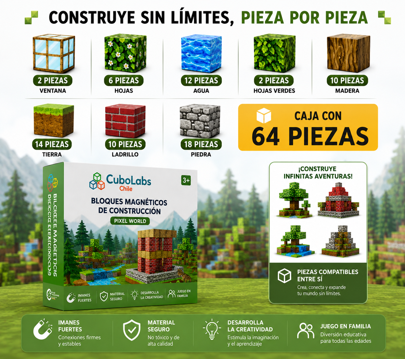 Bloques de Construcción Magnéticos Pixel World™ - 48 / 64 / 75 piezas