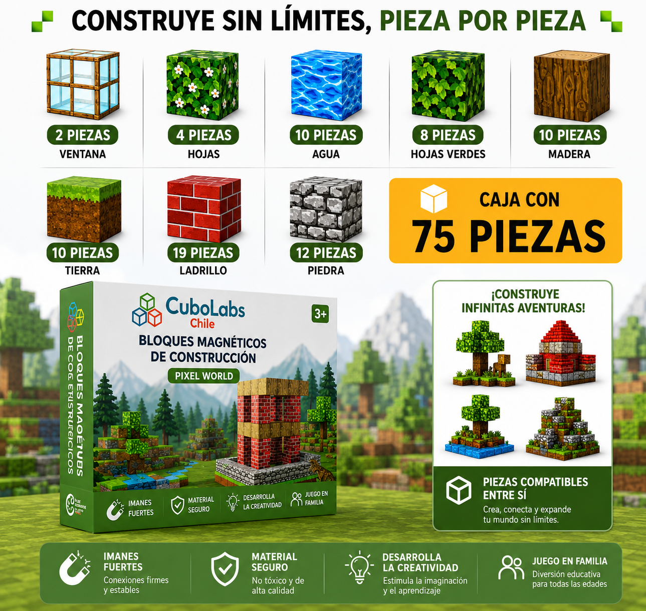 Bloques de Construcción Magnéticos Pixel World™ - 48 / 64 / 75 piezas