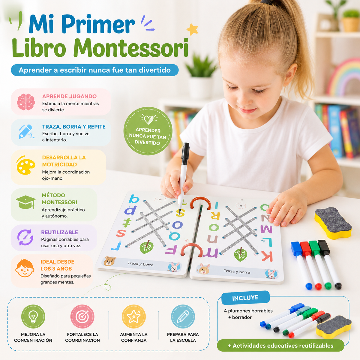 Niño curioso: Libro de ejercicios Montessori para trazar líneas, números y patrones (3+ años) [2026]